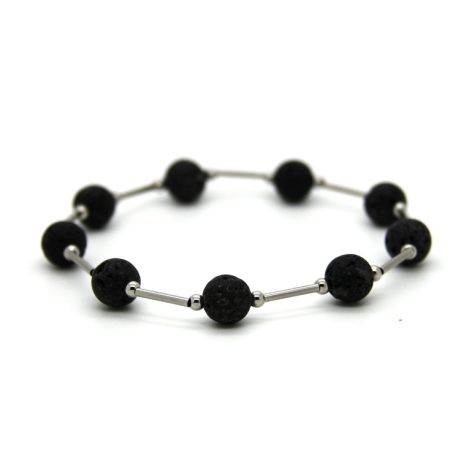 Lava-Kugel-Armband (elastisch) in Schwarz mit Edelstahl-Elementen
