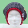 Mütze gehäkelt groß grau und rot Beanie Häkelmütze 