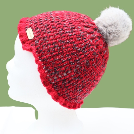 Mütze gehäkelt klein mit Kunstfell Bommel Beanie Häkelmütze 