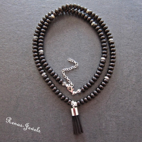 Bettelkette schwarz Perlenkette Quaste Bohokette Perlen Kette