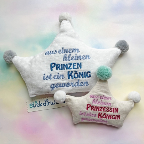 Stickdatei Kronenkissen Prinz ITH Kissen Krone Text und Blanko
