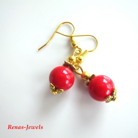 Perlen Ohrhänger Koralle synthetisch rot goldfarben Ohrringe