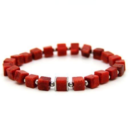 elastisches Korallenwürfel-Armband in Rot mit Edelstahl-Elementen