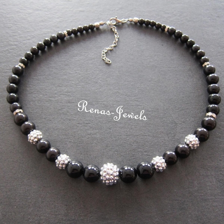 Statement Kette kurz schwarz silberfarbig Shamballa Perlen