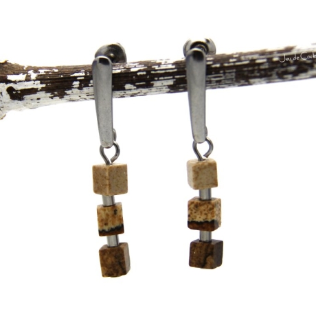 Bilderjaspis-Würfel-Edelstahlohrstecker in Braun-Nuancen