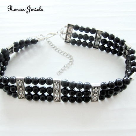 Kropfband Perlenkette schwarz silberfarben Kropfkette Halsband
