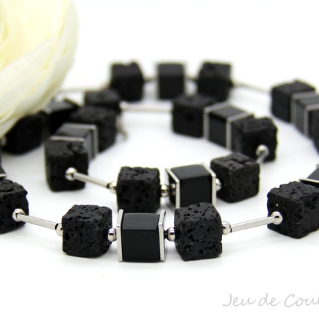 kurze Onyx-Würfel-Halskette in Schwarz mit Edelstahl-Elementen
