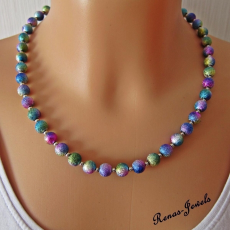 Perlen Kette Collier bunt silberfarbig Perlenkette
