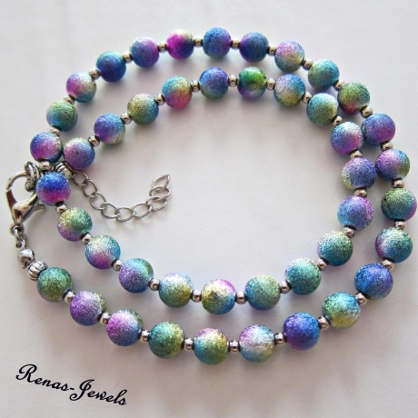 Perlen Kette Collier bunt silberfarbig Perlenkette