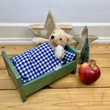 vintage Puppenbett aus Holz, handgemacht Unikat, grünblau, Maileg