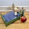 vintage Puppenbett aus Holz, handgemacht Unikat, grünblau, Maileg