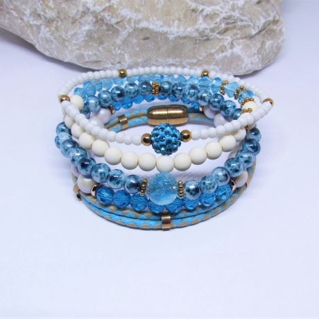 Armband Set handgefertigt 5 Teile Strass Rosé Türkis Glasperlen 