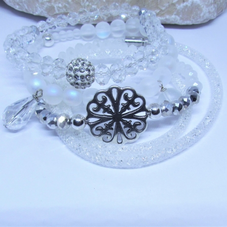 Armband Set 5 Teile Weiß Silber Lederband Strassperle Kleeblatt