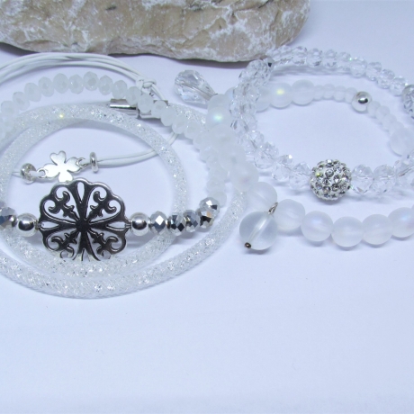 Armband Set 5 Teile Weiß Silber Lederband Strassperle Kleeblatt