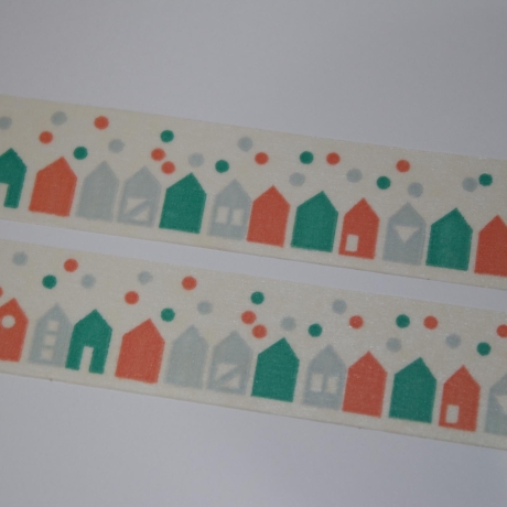 Papier-Klebeband Häuser Punkte Sterne grün orange 25mm breit