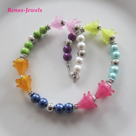 Kinderkette bunt silberfarben Perlen Blütenkelche Mädchen Kette