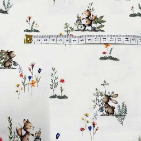 Meterware Jersey Stoff Baumwolljersey Kinder Hase Waldtiere