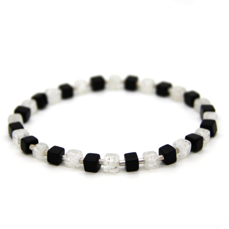 schwarze Onyx- und Crash-Bergkristall-Würfel-Armband (elastisch)