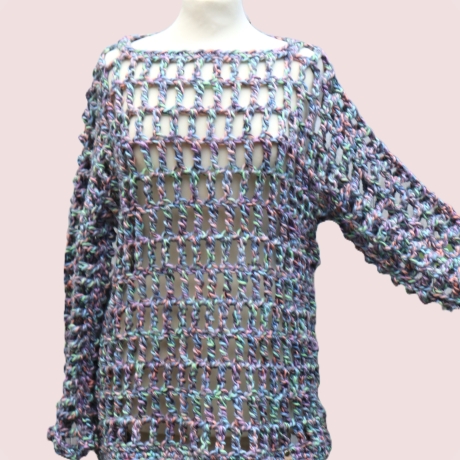 Pullover gehäkelt Top grau bunt Mode unisex Handarbeit
