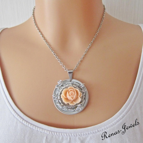 Kette kurz mit Anhänger Blume silberfarben Pfirsich Upcycling