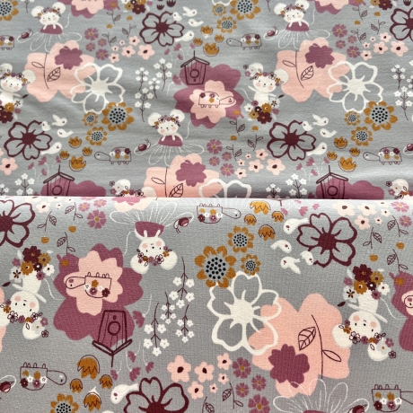 Baumwoll Jersey Meterware Maus Schildkröte Blumen lila rosa