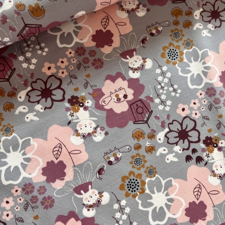 Baumwoll Jersey Meterware Maus Schildkröte Blumen lila rosa