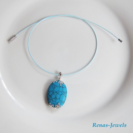 Edelstein Kette Türkis Anhänger Perle oval blau silberfarben