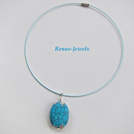 Edelstein Kette Türkis Anhänger Perle oval blau silberfarben