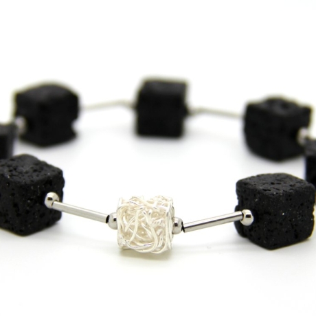 Lava-Armband (elastisch) mit Edelstahl- und Echtsilber-Elementen