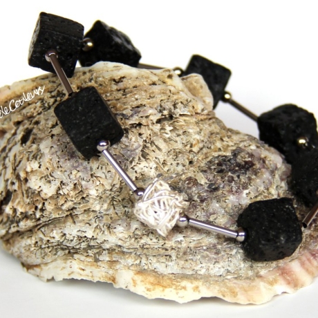 Lava-Armband (elastisch) mit Edelstahl- und Echtsilber-Elementen
