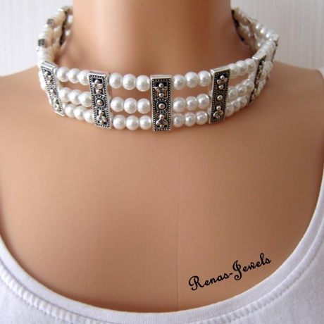 Kropfband weiß silberfarben Kropfkette Halsband Perlenkette