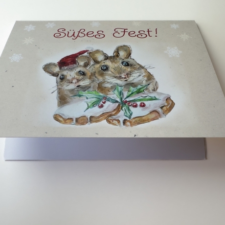 Weihnachtskarte Klappkarte Mäuse Handarbeit
