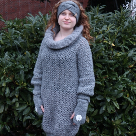 Minikleid Long Pullover gehäkelt Oberteil Tunika mit Wolle grau 