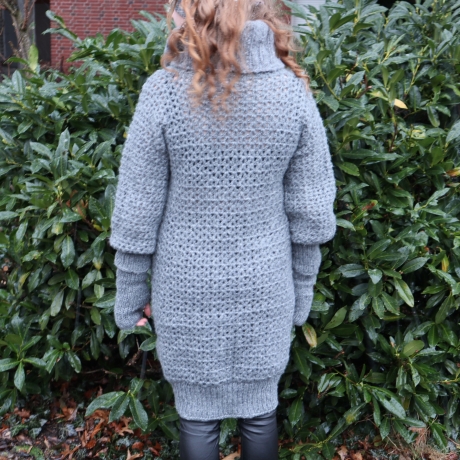Minikleid Long Pullover gehäkelt Oberteil Tunika mit Wolle grau 