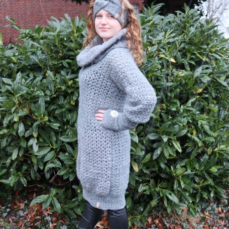 Minikleid Long Pullover gehäkelt Oberteil Tunika mit Wolle grau 