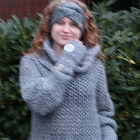 Minikleid Long Pullover gehäkelt Oberteil Tunika mit Wolle grau 