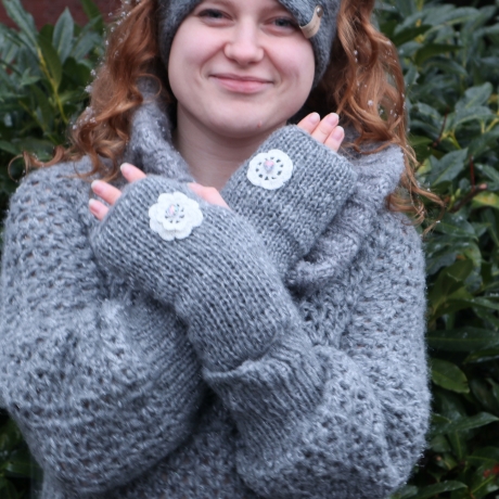 Minikleid Long Pullover gehäkelt Oberteil Tunika mit Wolle grau 