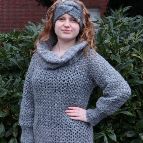 Minikleid Long Pullover gehäkelt Oberteil Tunika mit Wolle grau 