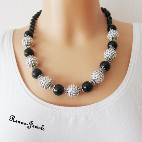 Statement Kette kurz schwarz silberfarbig Shamballa Perlen