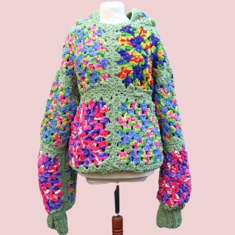 Pullover gehäkelt mit Kapuze Sweater Tunika Granny Muster weich