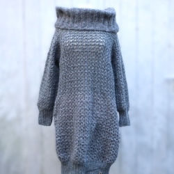 Minikleid Long Pullover gehäkelt Oberteil Tunika mit Wolle grau 