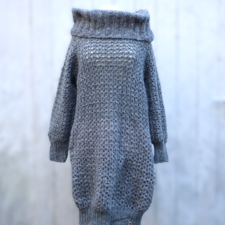 Minikleid Long Pullover gehäkelt Oberteil Tunika mit Wolle grau 