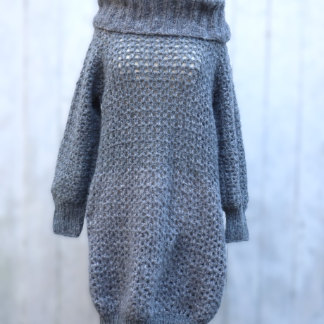 Minikleid Long Pullover gehäkelt Oberteil Tunika mit Wolle grau 