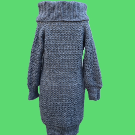 Minikleid Long Pullover gehäkelt Oberteil Tunika mit Wolle grau 