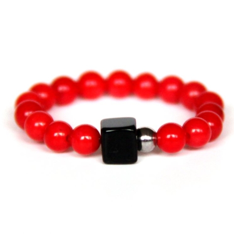 Korallen-Kugelring (elastisch) in Rot mit Onyx und Edelstahl-Kuge