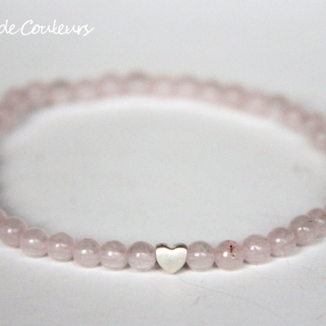 Rosenquarz-Armband (elastisch) in Rosa mit kleinem Silber-Herz