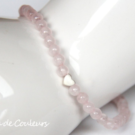 Rosenquarz-Armband (elastisch) in Rosa mit kleinem Silber-Herz
