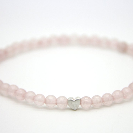 Rosenquarz-Armband (elastisch) in Rosa mit kleinem Silber-Herz