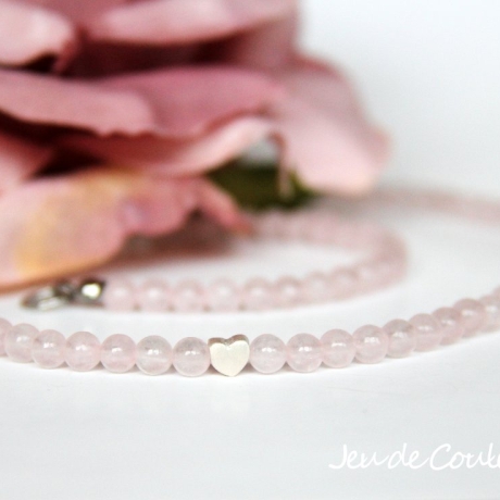 Rosenquarz-Kugel-Halskette in Rosa mit kleinem Echtsilber-Herz