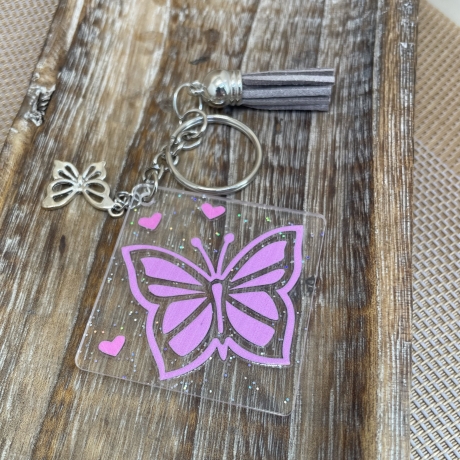 Schlüsselanhänger Glitzer-Acryl - Schmetterling Herzen rosa